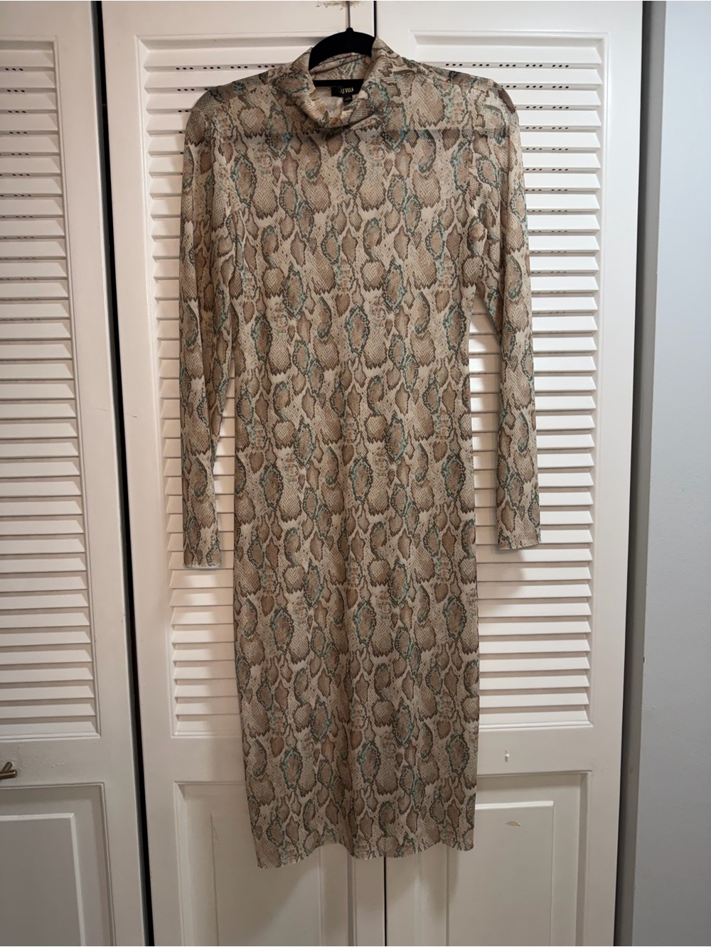AFRM Beige Snake Print Long Sleeve Midi Dress with Green Accents